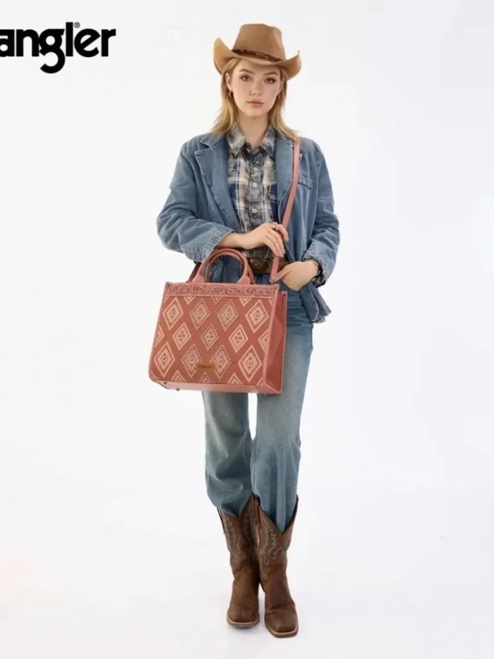 Wrangler Aztec Studded Denim Tote & Crossbody Bag- Pink